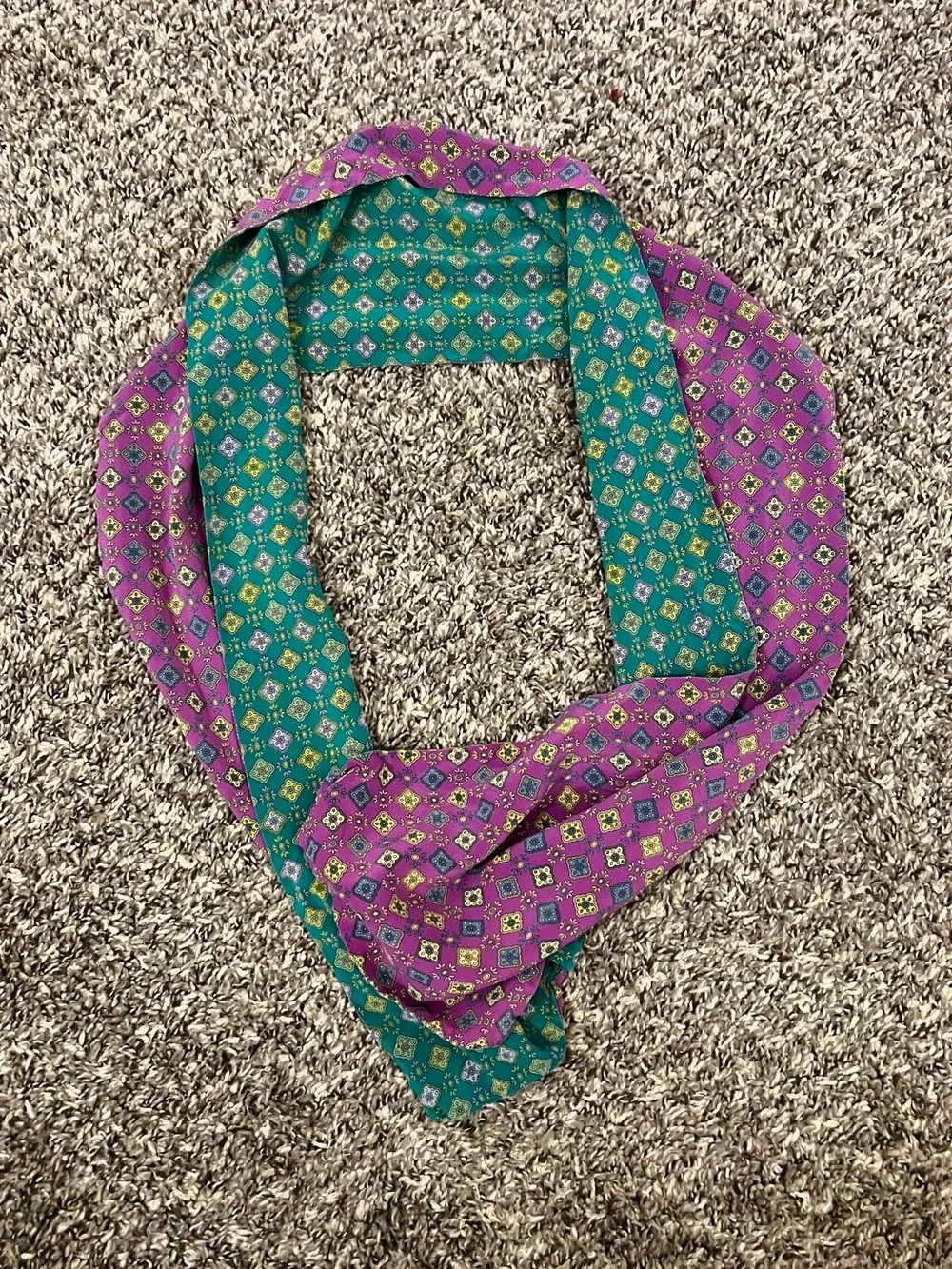 Vintage purple green silk diamond patterned neck scarf geometric retro mod